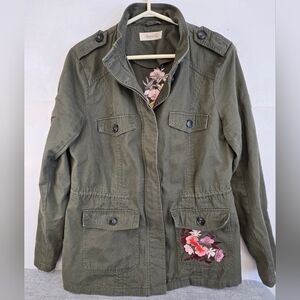 Liquid X Embroidered‎ Floral Tiger Khaki Green Utility Jacket Size M